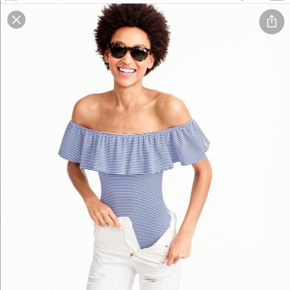 J. Crew off the shoulder ruffle bodysuit Blue and white stripes